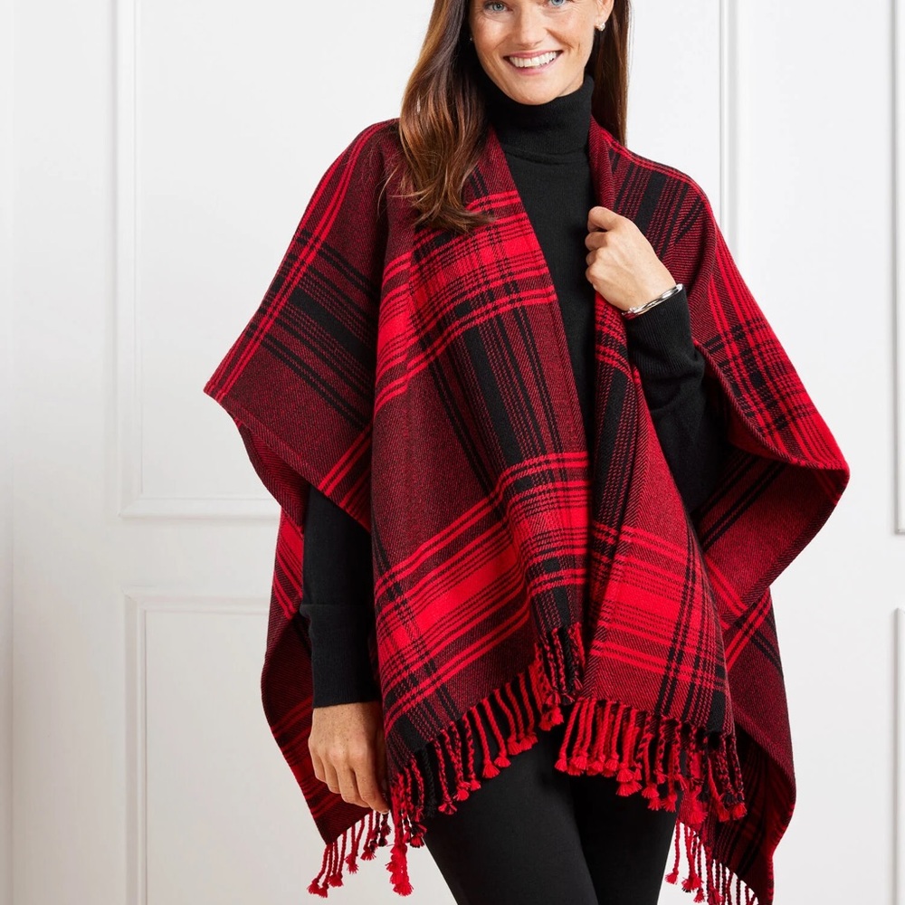 Talbots Woven Buffalo Plaid Ruana Wrap Poncho One Size Red Black